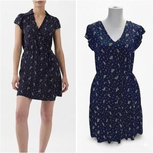 Gap Floral Mini Dress Navy Blue V Neck Flutter Sleeve Pockets Women Medium